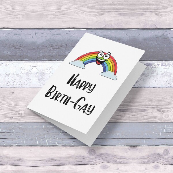 Happy Birth-Gay Birthday Card Funny Digital Download Gay Lesbian LGBT Pride Rainbow With Clouds Smiling