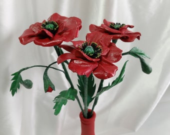 Genuine Leather Bouquet Red poppies flowers handmade for original gift wedding leather flower decor home ornament from Oporto Portugal