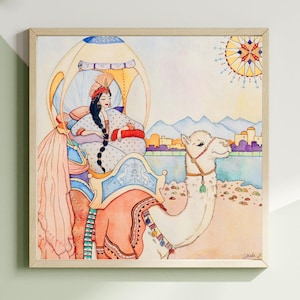 Arabian Nights Princess Wall Art  Handmade Watercolor Folk Print for Teen Bedroom Decor Unique Digital Download Gift