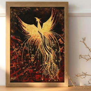 Greek mythology phoenix bird folk art painting Arabic calligraphy renaissance art medieval art digital download
