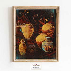 May include: A framed painting depicting five ceramic jars with intricate designs and calligraphy in gold, blue, and red against a dark background.