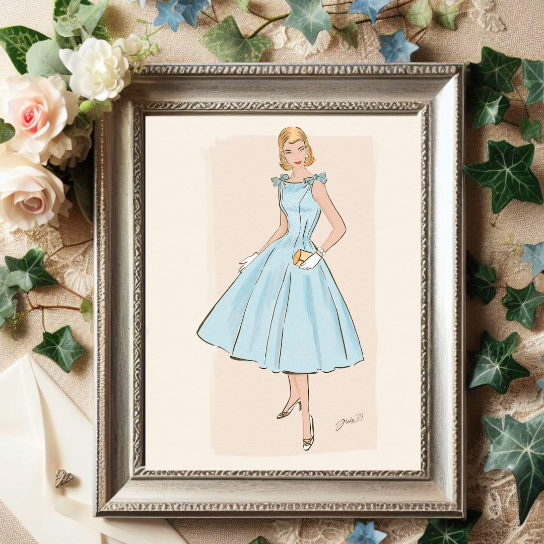 Vintage Fashion Woman Illustration Retro Blue Dress Wall Art Mid ...