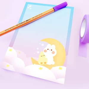 Memo Pad | A6 Notepad | Celestial Moon Illustration | Bunny & Chick | Notes | To Do List | Kawaii Journal | Cute Stationery Gift