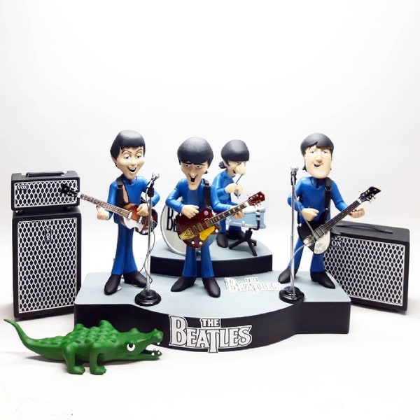 Actiefiguren Standbeeld The Beatles Paul McCartny, John Lennon, Ringo Starr, George Harrison GRATIS MINIATUURGITAAR en versterkergeluid Vox