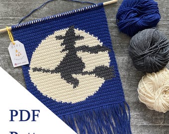 Witch on a Broomstick wall hanging PDF PATTERN crochet wall decor