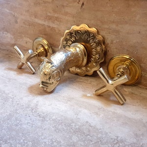 Brass Unlacquered Wall Mount Faucet - Moroccan Wall Mounted Head Fish Bathroom faucet - Kitchen Faucet - Brass Faucet - Vintage Faucet