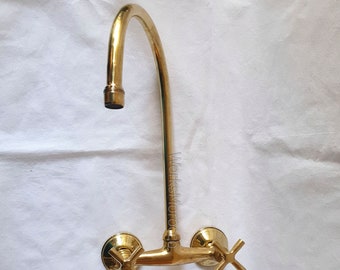 Unlacquered Brass Wall Mounted Kitchen Faucet with Cross Handles