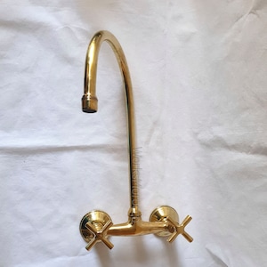 Unlacquered  Brass Wall Mounted handles Kitchen Faucet, Brass Kitchen Wall Mount Faucet, Brass Kitchen Faucet
