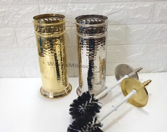 Unlacquered Brass Hammered Toilet Brush Holder, Moroccan Bathroom Accessories