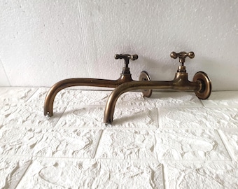 Set of Two Brass Patina Faucets - Vintage Faucets - Wall Mount Faucet- Bathroom Sink Vanity Faucet In Wall- Kitchen Faucet - Vintage  Faucet