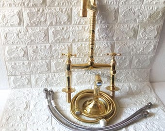 Unlacquered Brass Kitchen Bridge Faucet, 8" Side Sprayer, Cross Handle