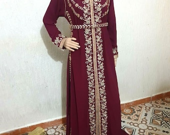 Moroccan Crepe Caftan,Handmade Wedding Dress, Luxury Velvet Caftan + Matching Belt, 2-Piece Kaftan
