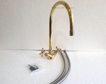 Handcrafted Unlacquered Brass Gooseneck Faucet – Vintage Kitchen or Bathroom Sink