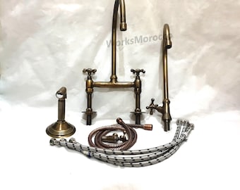 Brass Patina Kitchen Bridge Faucet with Side Sprayer