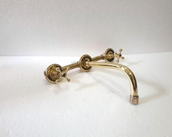 Unlacquered Brass Wall Mounted Faucet, 3 Hole, Cross Handles