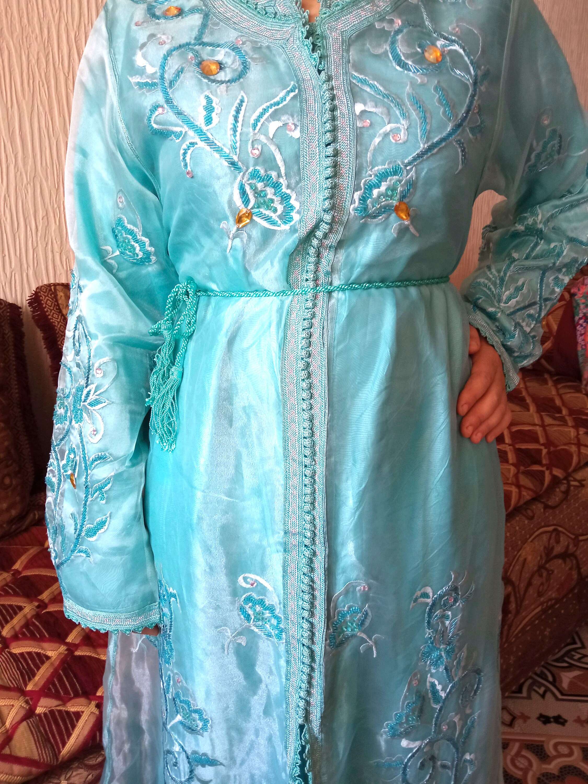 Light Blue Caftan with High Neckline and Intricate Metallic Embroidery