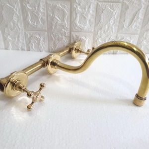 Unlacquered Brass Wall Mounted Faucet Brass with Two Cross Handles + Brass valve - Brass Kitchen Faucet, Sink Faucet, Antique Brass Faucet