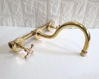 Unlacquered Brass Wall Mounted Faucet - Cross Handle Kitchen or Bath