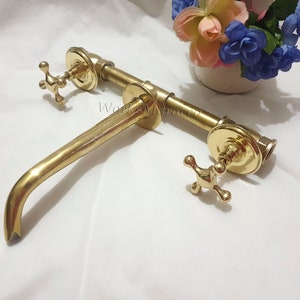 Unlacquered Brass Wall Mounted Faucet with Two Cross Handles + Brass valve - Brass Faucet For Kitchen and Bathroom - Vintage Faucet