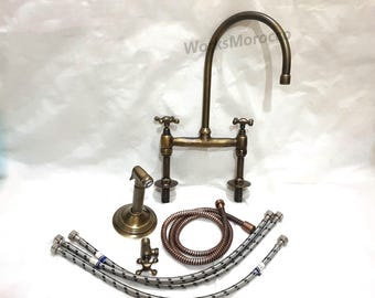 Brass Patina Bridge Kitchen Faucet with Hand Sprayer, 8 bridge faucet, island faucet, Vintage faucet