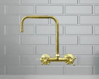Unlacquered Brass Wall Mount Kitchen Faucet, Cross Handle