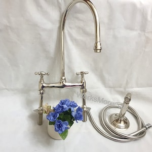 Silver Bridge Faucet with Kitchen Hand Sprayer Faucet, Brass Bridge Faucet With Linear Legs and Various Handles,Vintage Faucet