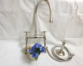 Silver Bridge Faucet with Kitchen Hand Sprayer Faucet, Brass Bridge Faucet With Linear Legs and Various Handles,Vintage Faucet