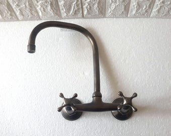 Bronze Patina Wall Mount Kitchen Faucet, Cross Handle