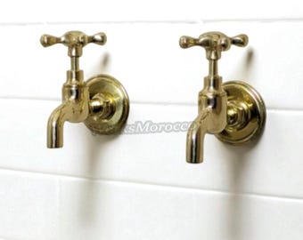 Handcrafted Unlacquered Brass Wall Faucet, Vintage Bath Decor