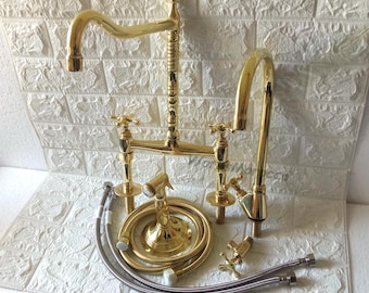 Unlacquered Brass Bridge Kitchen Faucet, Cross Handle, Side Sprayer