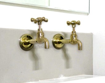 Handcrafted Unlacquered Brass Wall Faucet, Vintage Style