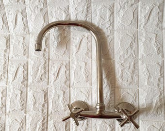 Silver Finish Wall Mount Kitchen Faucet, Swivel Gooseneck, Cross Handles