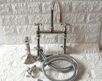 Silver Brass Bridge Kitchen Faucet with Hand Sprayer, Vintage Style