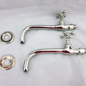 Set of Two Wall Mounted Faucets, Brass Silver Finish Bathroom Faucet, Silver Wall Mount Faucet - Kitchen Faucet - Vintage  Faucet