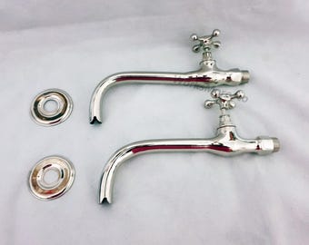 Set of Two Silver Wall Mounted Faucets, Vintage Bathroom Kitchen Faucet