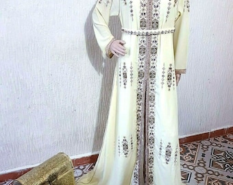Moroccan Caftan Dress – Luxury Silk-Blend + Matching Belt – Handmade White Wedding Abaya, 2-Piece
