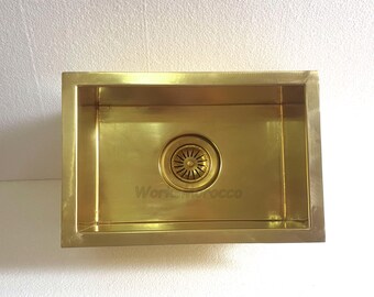 Handmade Unlacquered Brass Undermount Kitchen Sink, Basket Strainer