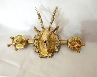 Unlacquered the Deer Wall Mount Faucet with Valve - Moroccan Brass Head Deer  faucet - Brass Faucet - Vintage Faucet with two cross handles