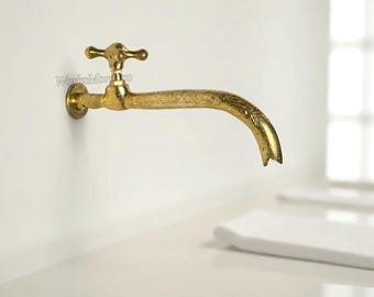 Engraved Brass Wall Mount Faucet, Vintage Style Water Tap, 8 Inches