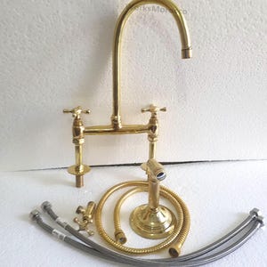 Unlacquered Brass Kitchen Bridge 9&quot; Faucet, Brass Side Sprayer Faucet, Brass Bridge Faucet With Linear Legs and Various Handles