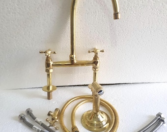 Unlacquered Brass 9" Kitchen Bridge Faucet with Side Sprayer, Brass faucet, Island Faucet