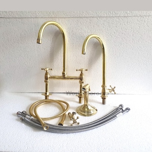 Unlacquered Brass Kitchen 9&quot; Bridge Faucet, Brass Side Sprayer Faucet, Brass Bridge Faucet With Linear Legs and Various Handles