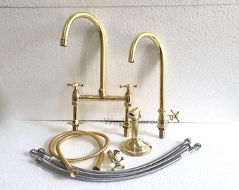 Unlacquered Brass Kitchen Bridge Faucet with Side Sprayer (9")