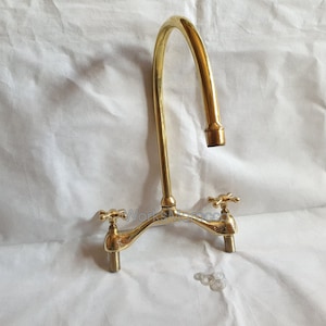 Brass Kitchen Faucet - Brass Bridge faucet , Engraved Brass Faucet - 2 Handles Kitchen Faucet , Arched V bridge faucet