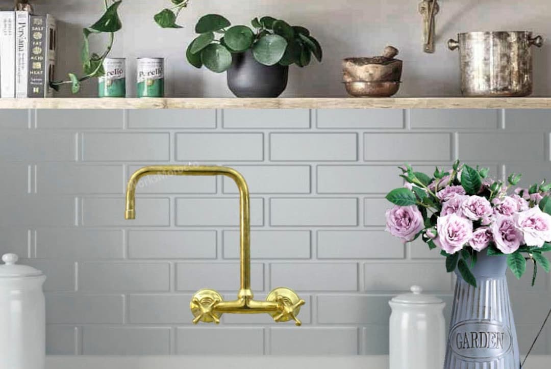 Brass Wall Mounted Handles Kitchen Faucet Unlacquered Brass Etsy