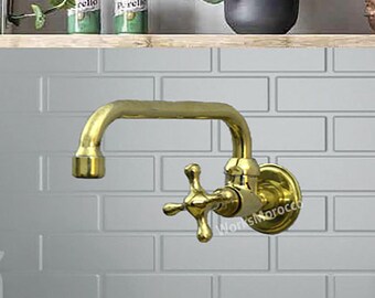 Unlacquered Brass Wall Mounted Kitchen Faucet, Cross Handle Cold Faucet