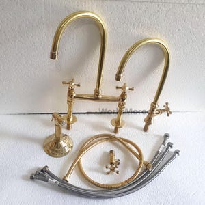 Unlacquered Brass Kitchen 8&quot; Bridge Faucet, Brass Side Sprayer Faucet, Brass Bridge Faucet With Linear Legs and Various Handles