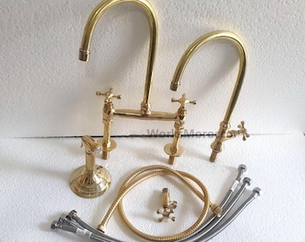Unlacquered Brass Kitchen Bridge Faucet with Side Sprayer