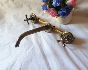 Brass Patina Wall Mounted Faucet – Vintage Style Cross Handles