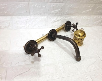 Brass Patina Wall Mounted Kitchen Faucet with Cross Handles, Vintage Style